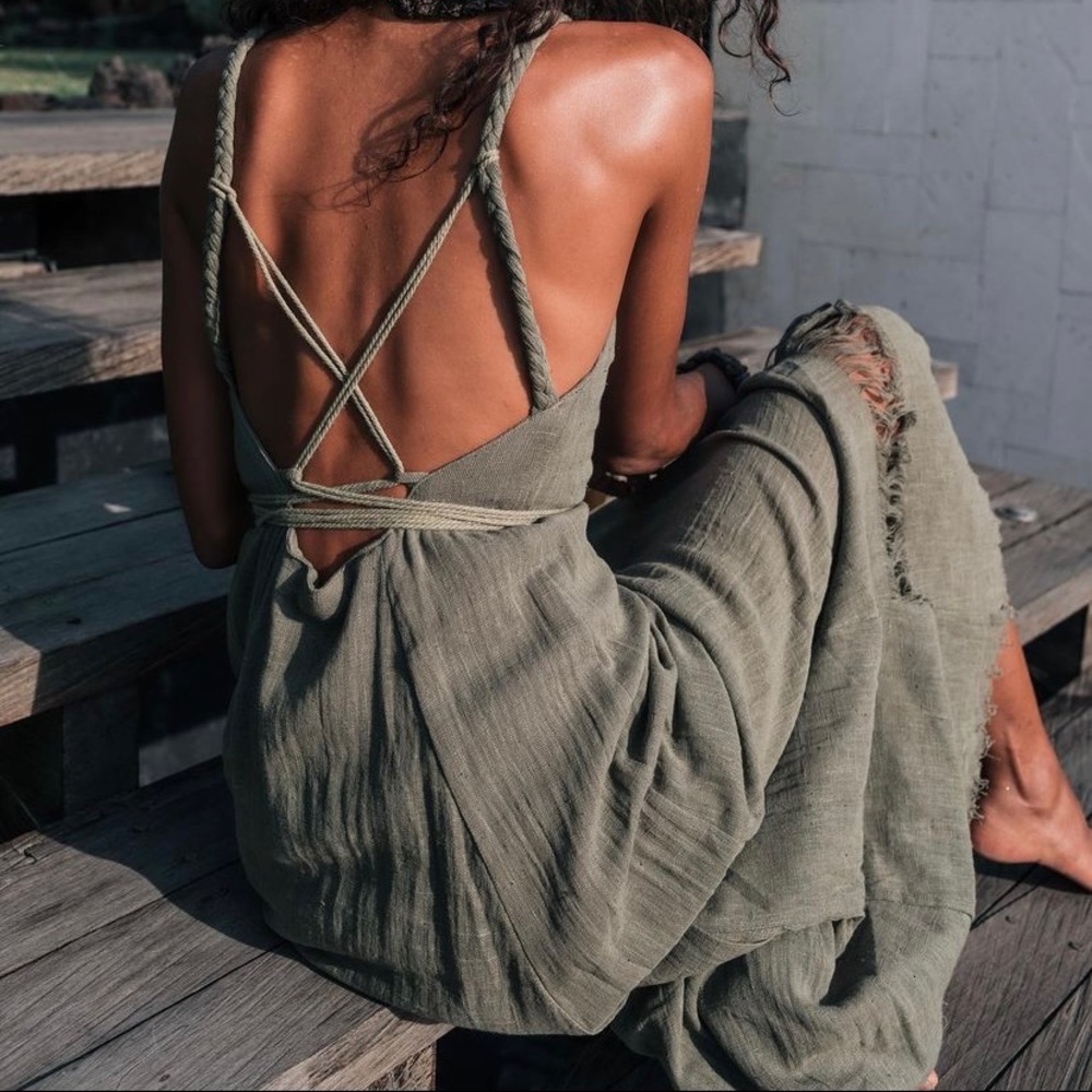 Gorgeous sage dress hand wove, naturally dyed.